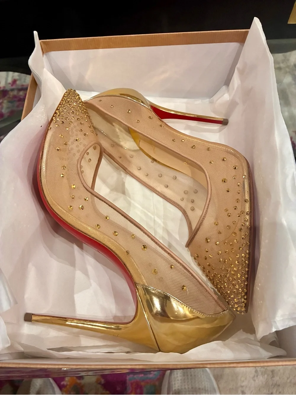 Christian Louboutin Sheer Gold Mesh Crystal-Embellished Pointed Pumps
